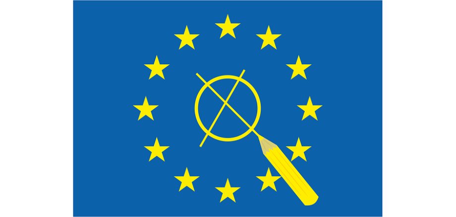  In der Mitte der kreisförmig angeordneten Sterne der Europäischen Union auf blauen Untergrund befindet sich ein Stift mit einem angekreuzten, gelben Kreis.